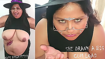 Halloween Treat: Voluptuous Woman Swallows And Shows Off Her Big Belly